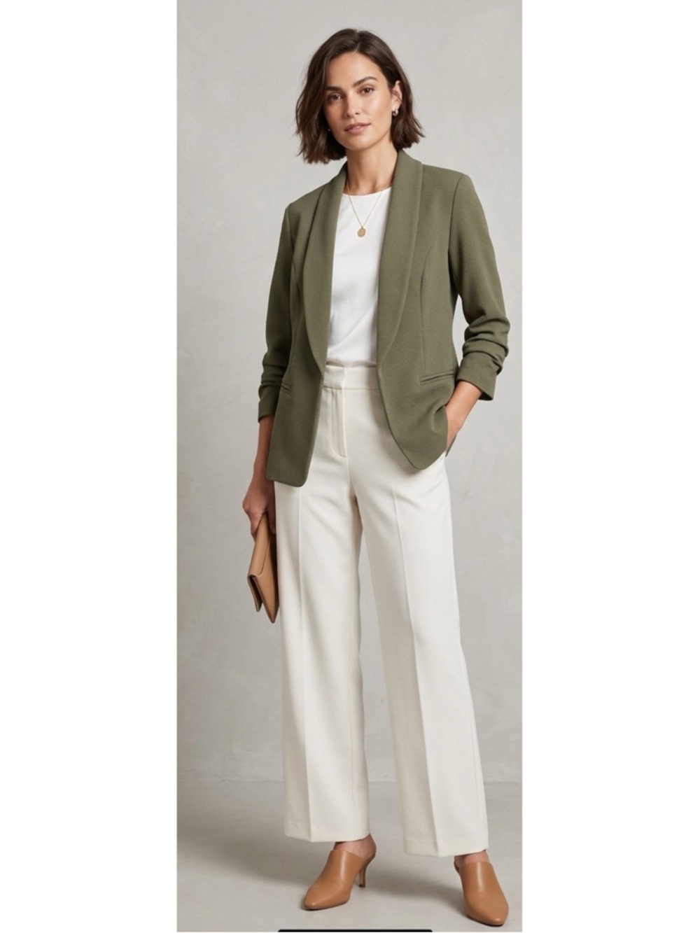 Bar III Palmetto Green Open Front Ruched 3/4 Sleeve Knit Blazer- Size Small